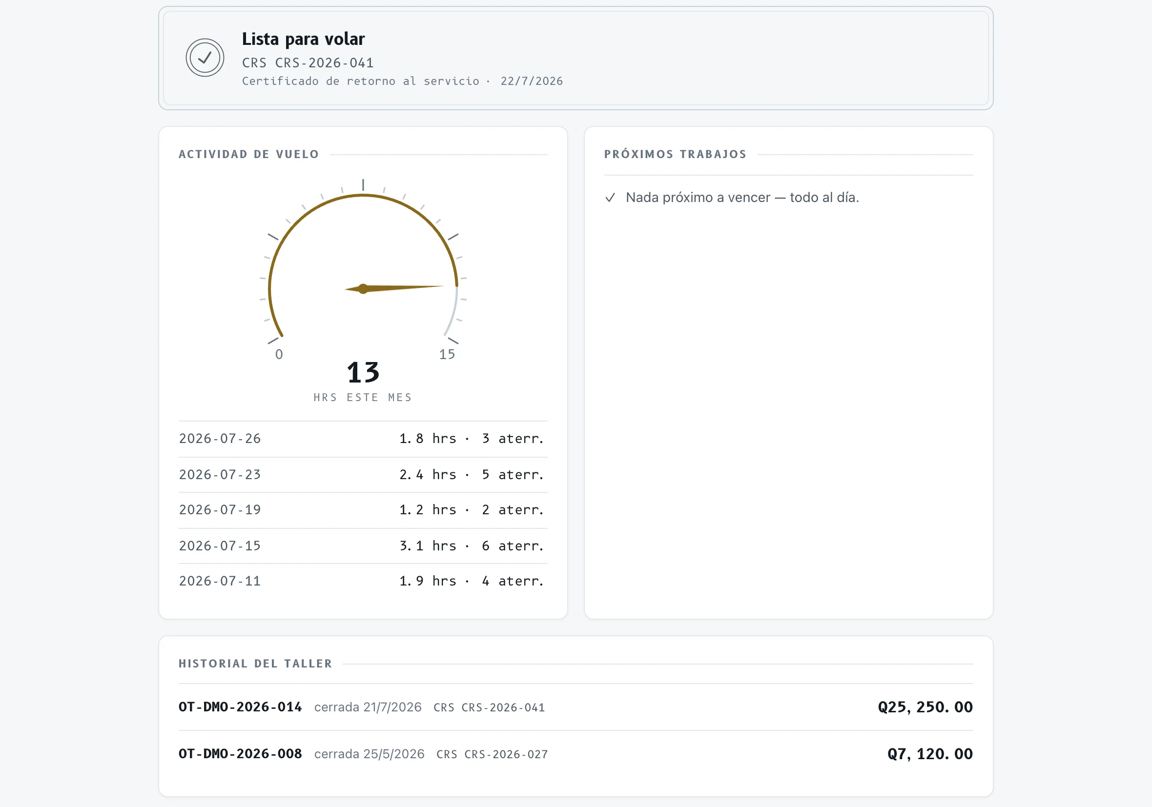 Owner portal demo: return-to-service certificate, monthly flight activity and shop history with invoiced totals