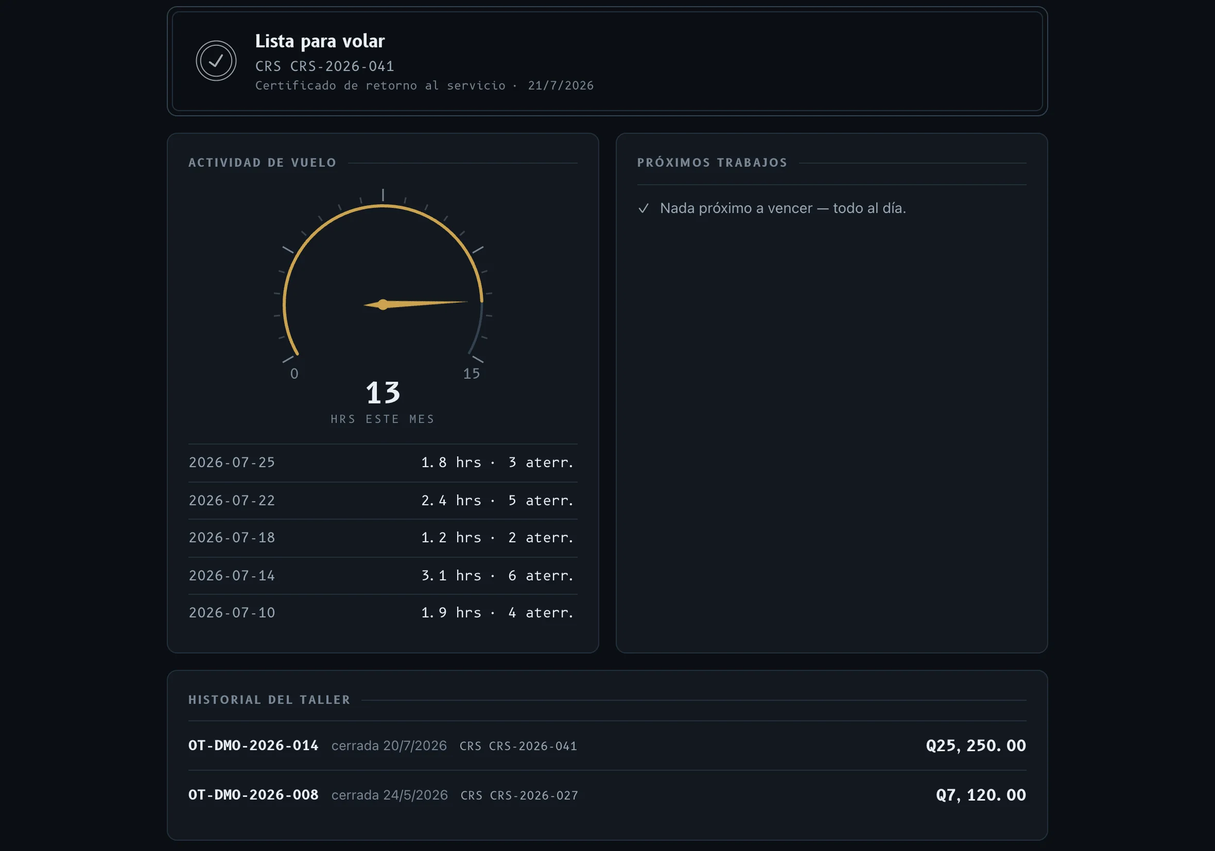 Owner portal demo: return-to-service certificate, monthly flight activity and shop history with invoiced totals